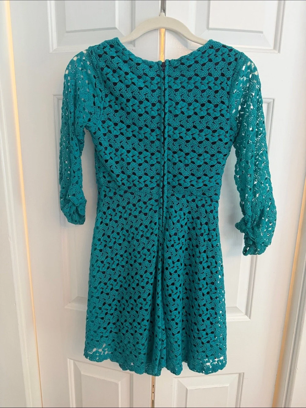 Speechless Teal Crochet Lace Fit & Flare Dress with Three-Quarter Sleeves